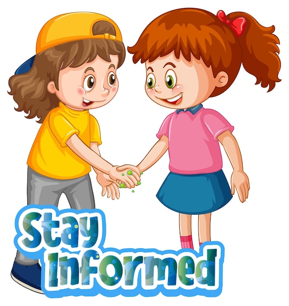 El personaje de dibujos animados de dos niños no mantiene la distancia social con la fuente Stay Informed aislada sobre fondo blanco