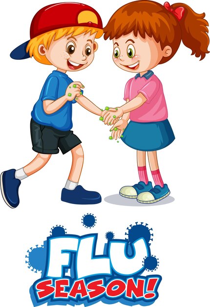 El personaje de dibujos animados de dos niños no mantiene la distancia social con la fuente de la temporada de gripe aislada sobre fondo blanco