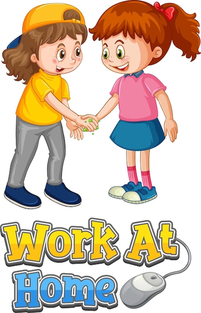 Vector gratuito el personaje de dibujos animados de dos niños no mantiene la distancia social con la fuente work at home aislada en blanco