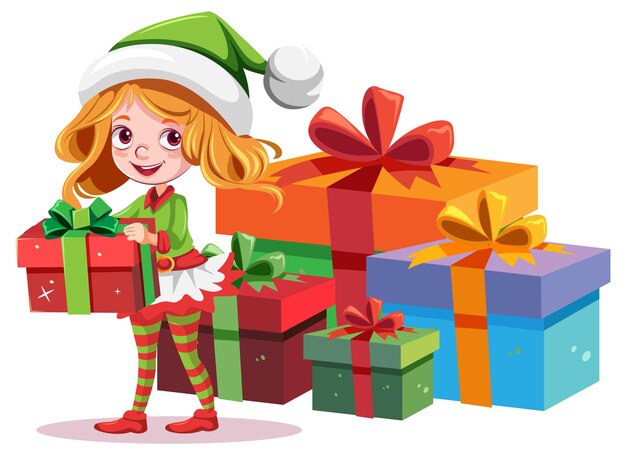 Personaje de dibujos animados de duende navideño con caja de regalo