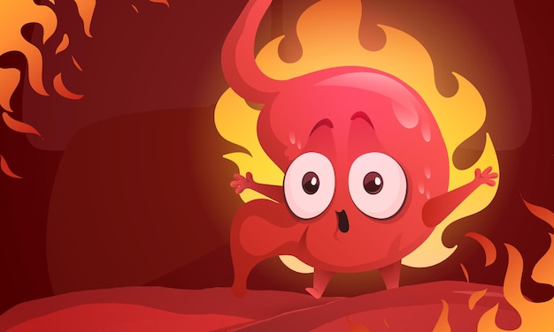 Personaje de dibujos animados de estómago ardiendo en fuego. Concepto de reflujo ácido, acidez y gastritis con problemas de dolor de abdomen del sistema de indigestión. Linda mascota malsana sufre de dolor de estómago, ilustración vectorial