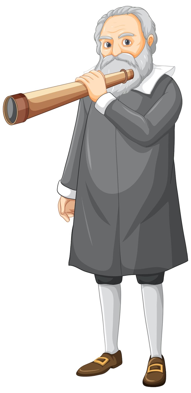 Vector gratuito personaje de dibujos animados de galileo galilei sobre fondo blanco.