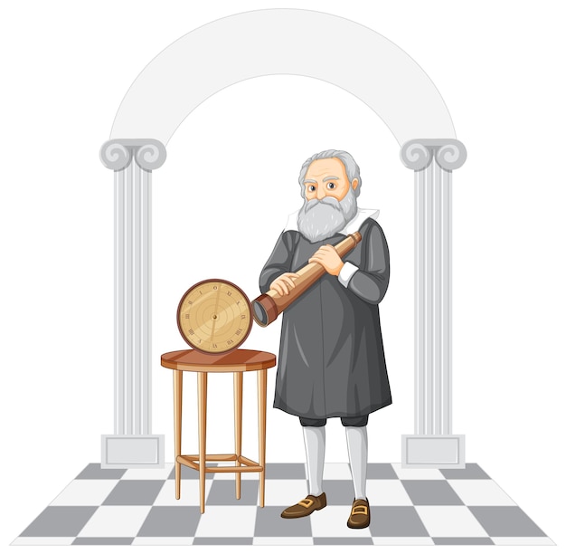 Vector gratuito personaje de dibujos animados de galileo galilei sobre fondo blanco.