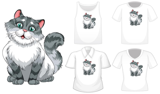 Personaje de dibujos animados de gato con un conjunto de camisetas diferentes aislado en blanco