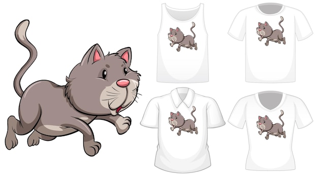 Vector gratuito personaje de dibujos animados de gato con un conjunto de camisetas diferentes aislado en blanco