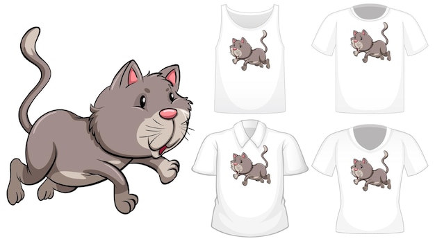 Personaje de dibujos animados de gato con un conjunto de camisetas diferentes aislado en blanco