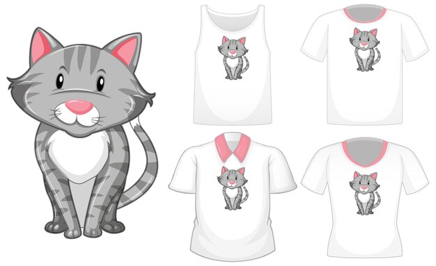 Personaje de dibujos animados de gato con un conjunto de camisetas diferentes aislado en blanco