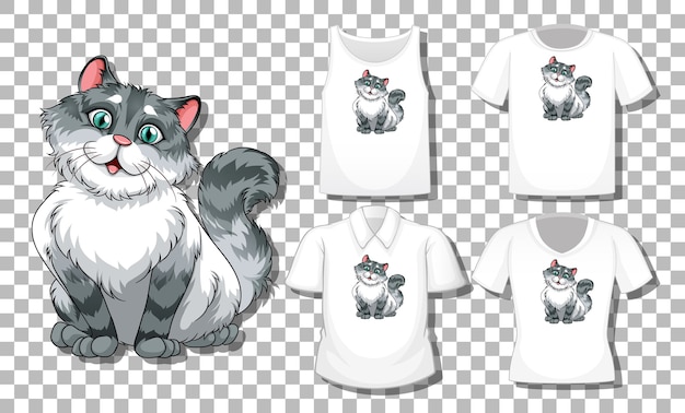 Vector gratuito personaje de dibujos animados de gato con conjunto de camisetas diferentes aislado