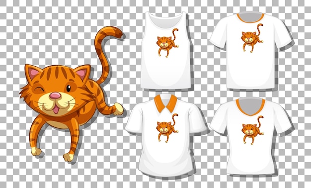 Vector gratuito personaje de dibujos animados de gato con conjunto de camisetas diferentes aislado