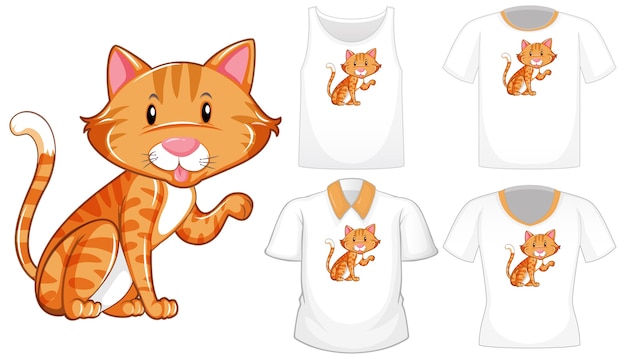 Personaje de dibujos animados de gato con un conjunto de diferentes camisetas aislado sobre fondo blanco.