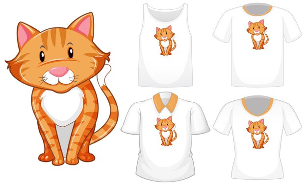 Personaje de dibujos animados de gato con un conjunto de diferentes camisetas aislado sobre fondo blanco.