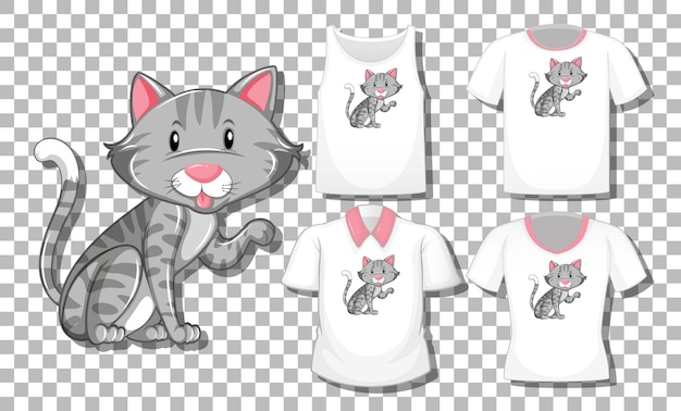 Personaje de dibujos animados de gato con conjunto de diferentes camisetas aislado sobre fondo transparente