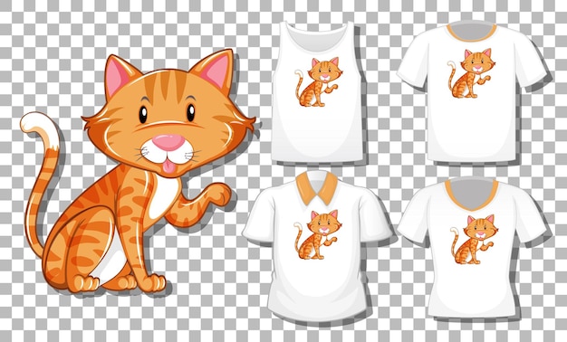 Vector gratuito personaje de dibujos animados de gato con conjunto de diferentes camisetas aislado sobre fondo transparente