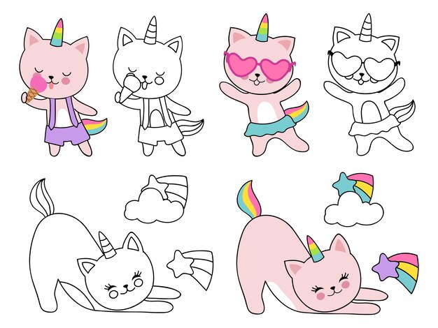 Personaje De Dibujos Animados Gatos Unicornio Ilustracion
