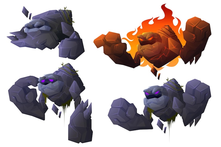 Vector gratuito personaje de dibujos animados de golem, monstruo de piedra, criatura mítica, mascota con manos fuertes, ojos brillantes y cuerpo rocoso. gigante ardiente con lava y llamas. personaje de cuento de hadas, ilustración vectorial, conjunto