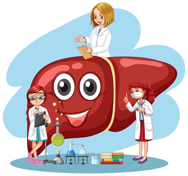Personaje de dibujos animados de hígado sano con muchos médicos