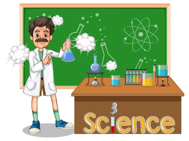Personaje de dibujos animados de hombre científico con equipos de laboratorio