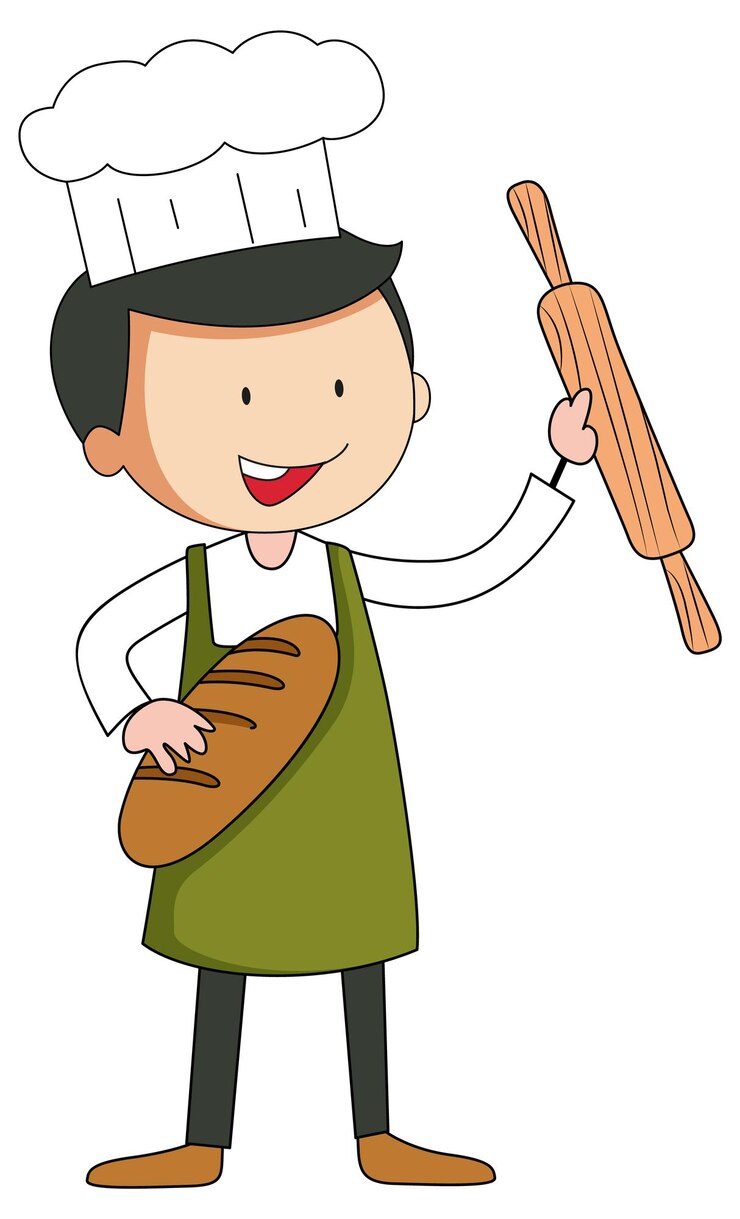 Vector gratuito personaje de dibujos animados de hombre panadero en estilo doodle aislado