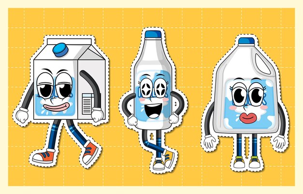 Personaje de dibujos animados de leche sobre fondo de cuadrícula