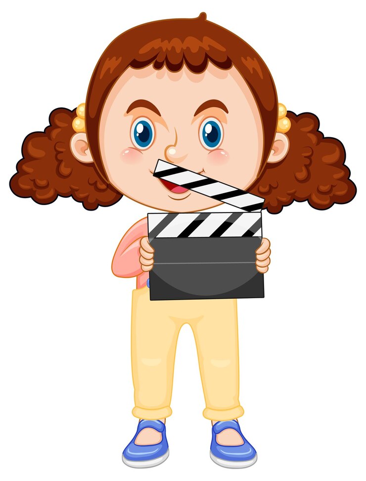Vector gratuito personaje de dibujos animados de linda chica con cabello rizado coleta con película