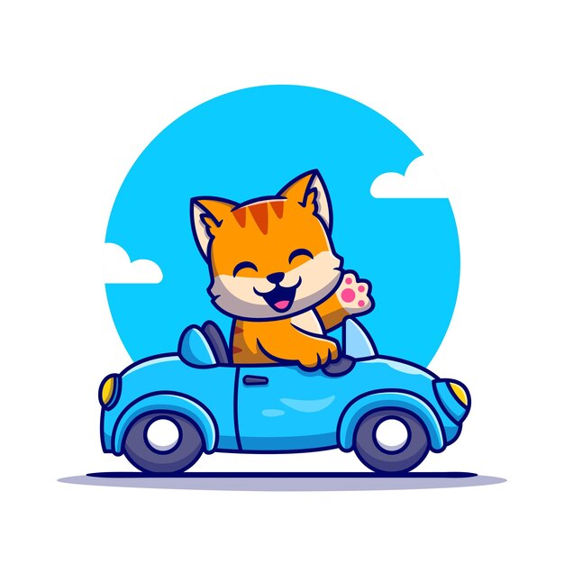 Personaje de dibujos animados lindo gato conduciendo coche. Transporte de animales aislado.