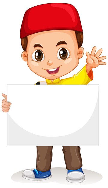 Personaje de dibujos animados lindo niño sosteniendo banner en blanco