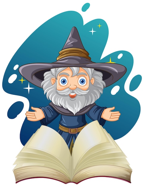 Personaje de dibujos animados de mago con libro abierto