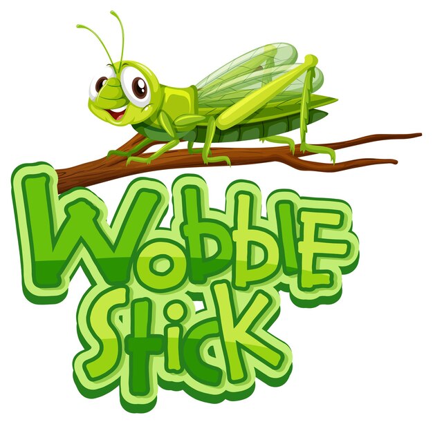 Personaje de dibujos animados de Mantis con banner de fuente Wobble Stick aislado