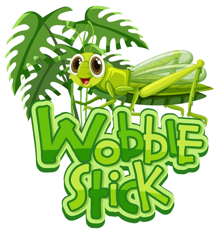 Vector gratuito personaje de dibujos animados de mantis con banner de fuente wobble stick aislado