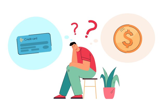 Personaje de dibujos animados masculino pensando en tarjetas de crédito y monedas. Hombre eligiendo entre efectivo y tarjeta de débito ilustración vectorial plana. Finanzas, concepto de banca para banner, diseño de sitios web o página web de destino