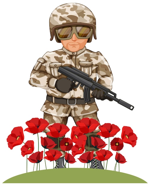 Vector gratuito personaje de dibujos animados militares con flor de amapola