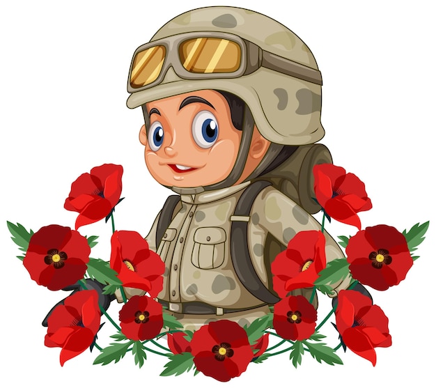 Vector gratuito personaje de dibujos animados militares con icono de flor de amapola