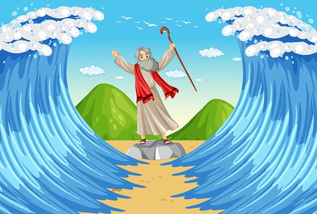 Personaje de dibujos animados de Moisés con mar rojo