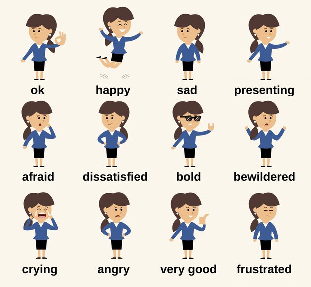 Personaje de dibujos animados de mujer de negocios feliz y triste conjunto de emociones aisladas ilustración vectorial