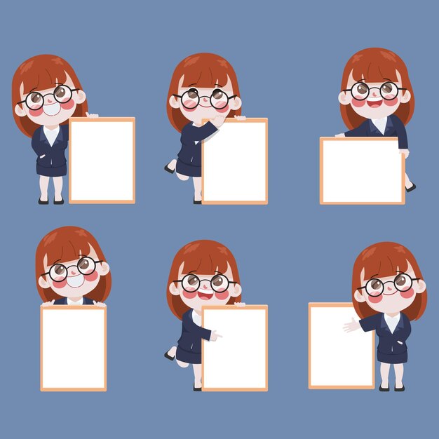 Personaje de dibujos animados de mujer de negocios que presenta un diseño de vector de conjunto de pose de colección de pizarra