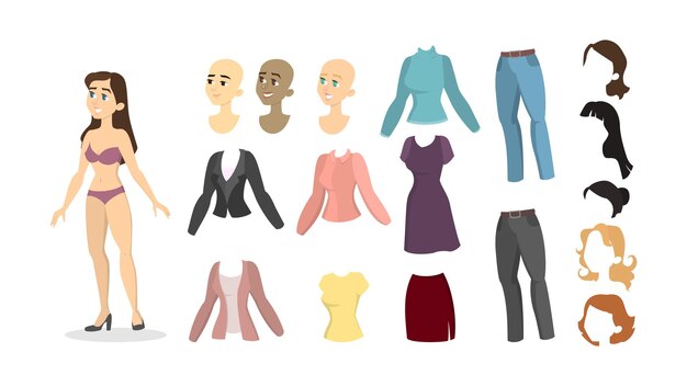 Personaje de dibujos animados de mujer con piel de cabello y ropa.