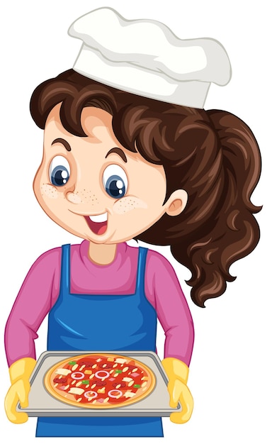 Vector gratuito personaje de dibujos animados de niña chef con bandeja de pizza
