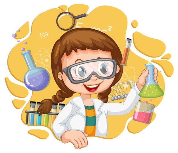 Personaje de dibujos animados de niña científica con equipos de laboratorio