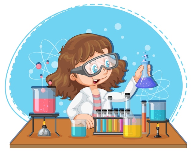 Personaje de dibujos animados de niña científica con equipos de laboratorio