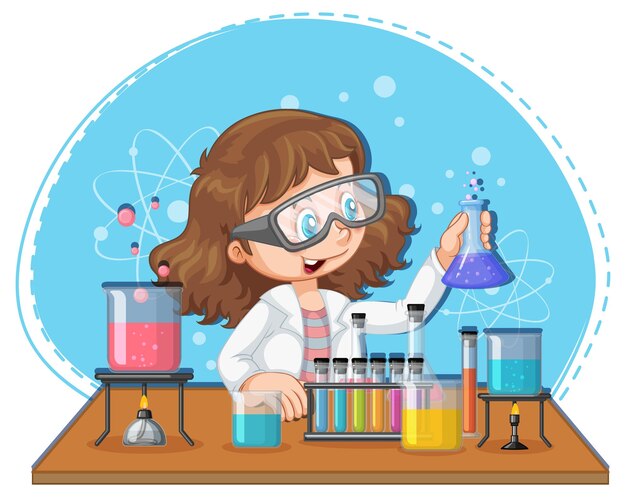 Personaje de dibujos animados de niña científica con equipos de laboratorio