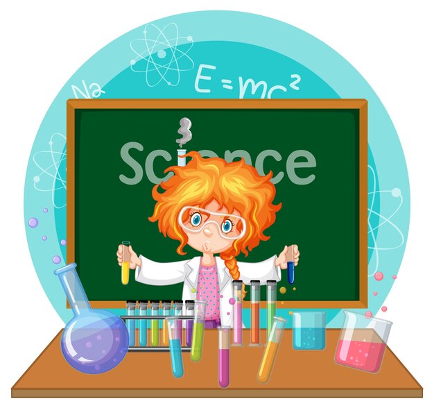 Personaje de dibujos animados de niña científica con equipos de laboratorio