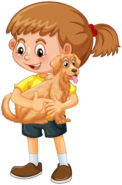 Personaje de dibujos animados de niña feliz abrazando a un perro lindo
