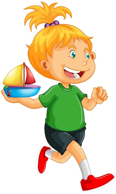 Personaje de dibujos animados de niña feliz sosteniendo un barco de juguete