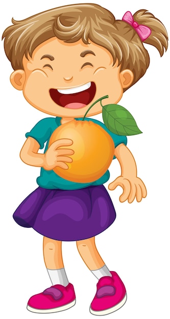 Vector gratuito personaje de dibujos animados de niña feliz sosteniendo una naranja