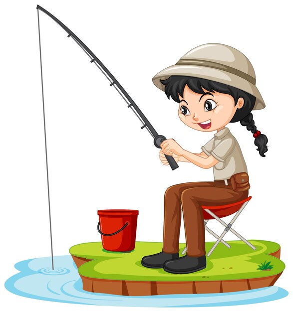 Un personaje de dibujos animados de niña sentada y pescando sobre fondo blanco