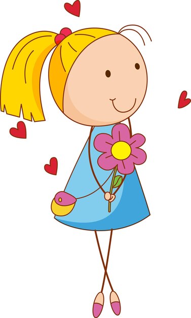 Un personaje de dibujos animados de niña sosteniendo una flor en estilo doodle aislado