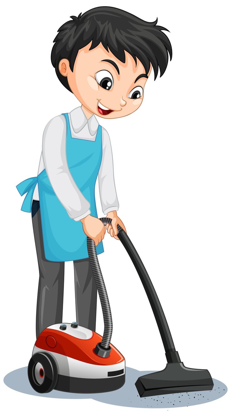 Vector gratuito personaje de dibujos animados de un niño con aspiradora