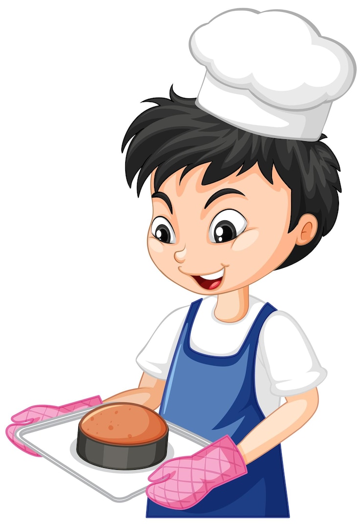 Vector gratuito personaje de dibujos animados de un niño chef con bandeja de pastel