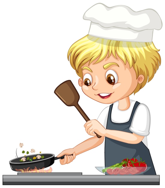 Vector gratuito personaje de dibujos animados de un niño chef cocinando comida