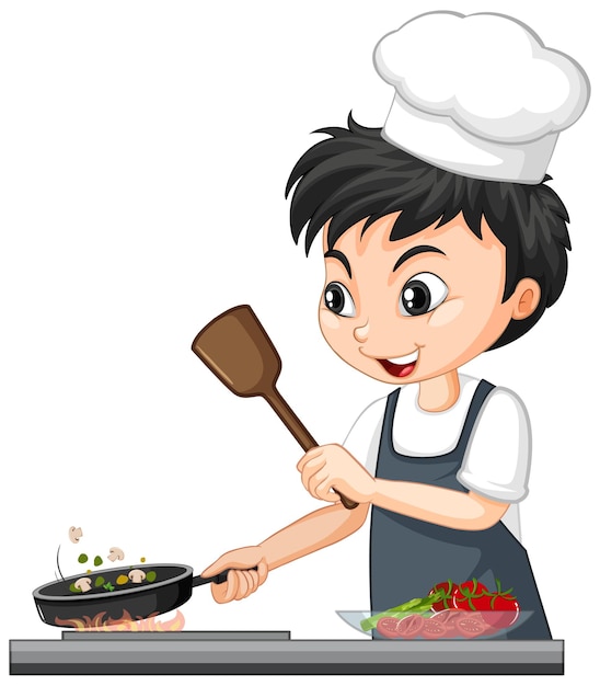 Personaje de dibujos animados de un niño chef cocinando comida